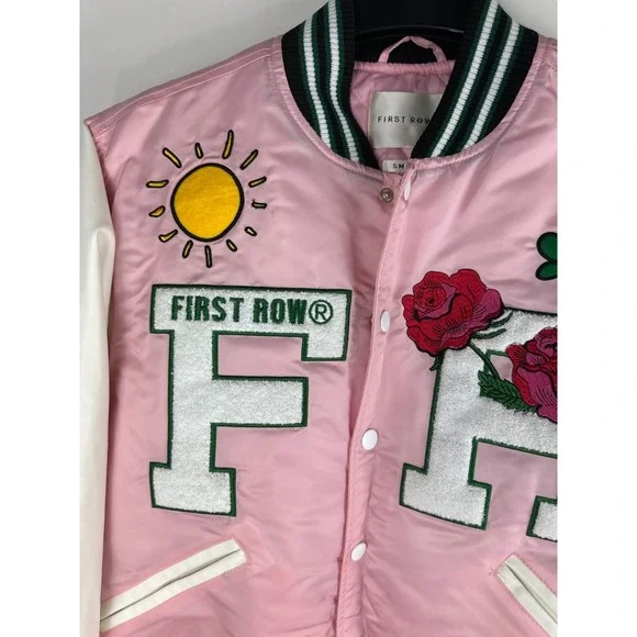 First Row Easy Hours Varsity Letter Contrast Patch Bomber Jacket Snap Pink Small - Picture 5 of 16